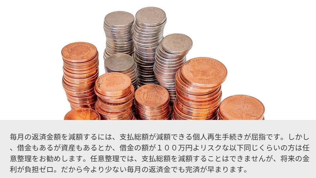 任意整理 特徴1.毎月の返済金額を減額するには、支払総額が減額できる個人再生手続きが屈指です。しかし、借金もあるが資産もあるとか、借金の額が100万円よリスクな以下同じくらいの方は任意整理をお勧めします。任意整理では、支払総額を減額することはできませんが、将来の金利が負担ゼロ。だから今より少ない毎月の返済金でも完済が早まります。