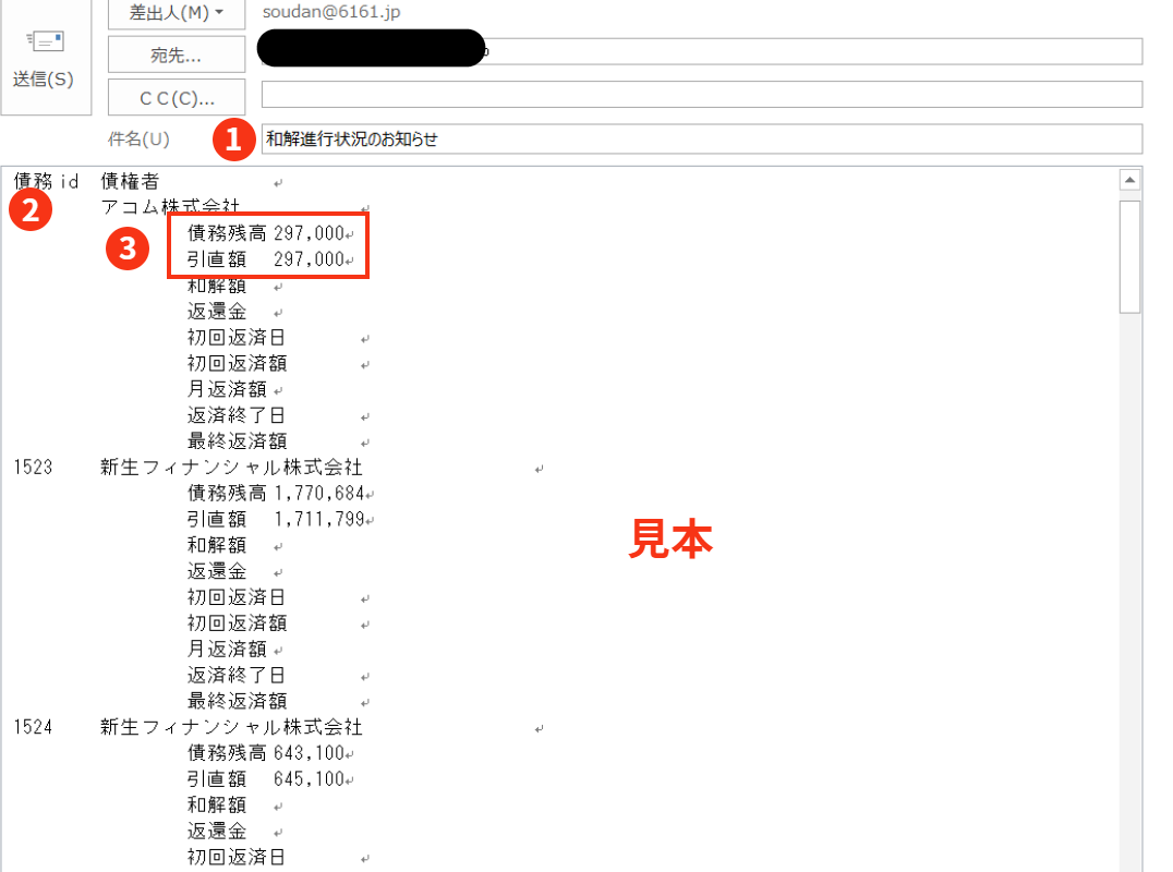 毎月月初に配布される「和解進行状況のお知らせ」メールです。和解するまでは債権調査による債務額と法律事務所ロイヤーズロイヤーズが債権者から開示された取引明細を基に法定金利で再計算した残高が表示されます。引き直し額がマイナス表記であれば過払い金額です。「和解進行状況のお知らせ」メールの画像。
