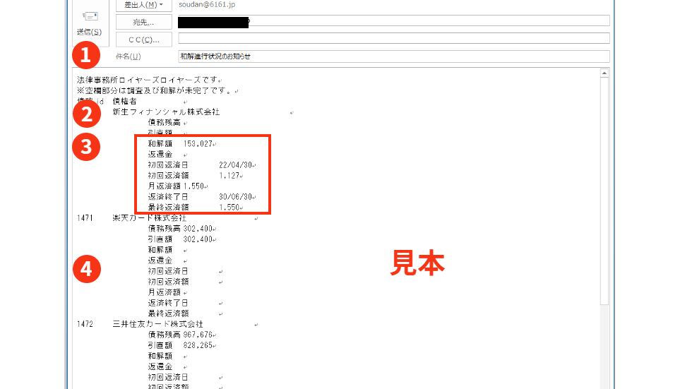 毎月月初に配布される「和解進行状況のお知らせ」メールです。すべての債権者との和解が成立するまでお知らせします。。