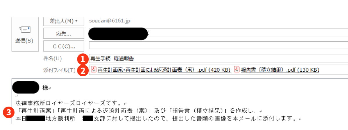 再生手続経過報告（再生計画案・再生計画による返済計画表（案）・報告書（積立結果））のメールの画像｜本日、「再生計画案」・「再生計画による返済計画表（案）」・報告書（積立結果）を裁判所に提出したことの報告が記載されています。