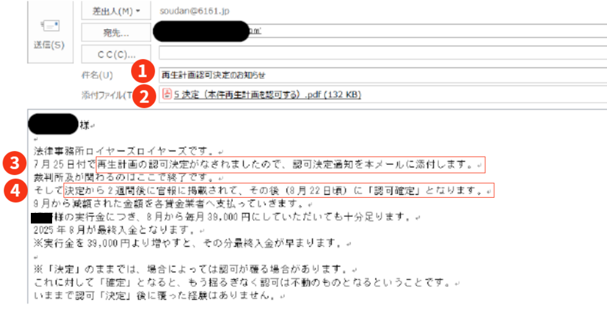 再生計画認可決定のお知らせのメールの画像｜再生計画の認可決定がされたこと、約4週間後に「決定」が「確定」となること、確定日の翌月から再生計画通りの返済が開始することの説明を記載しています