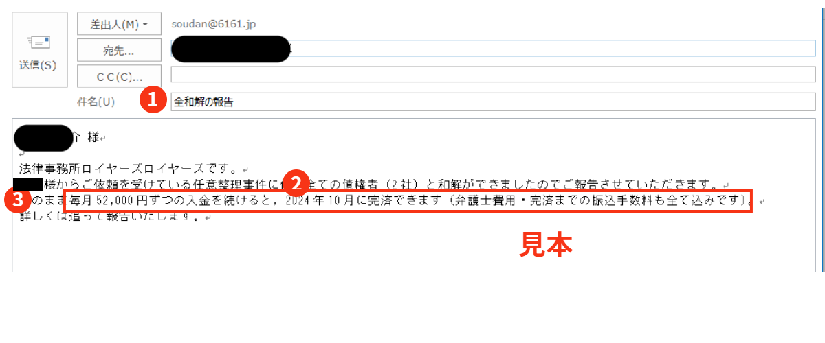 全ての債権者との和解が成立したことのお知らせのメールのイメージです