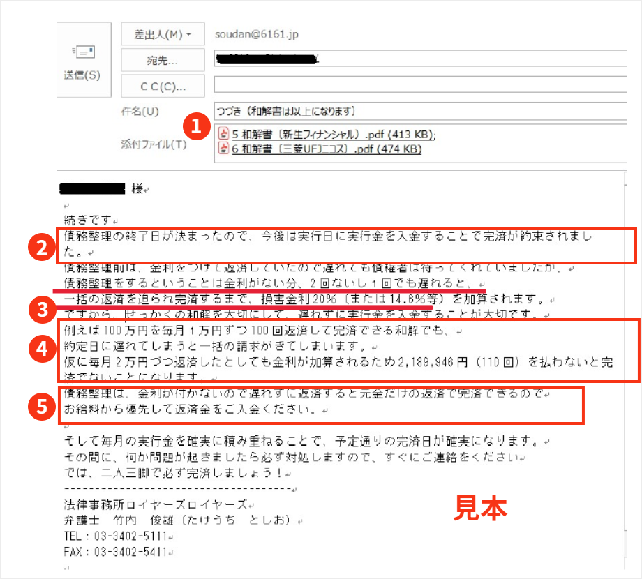 「全和解につき和解書の詳細」に続く最後のメールの画像です。和解条項の「懈怠約款」についての説明の記載があります。